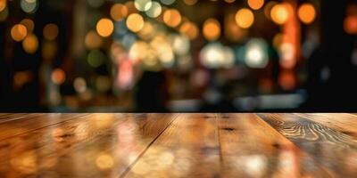 ai généré vide en bois table avec bokeh café Contexte et d'or lumières. génératif ai photo