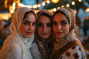 ai généré groupe de content musulman femmes portant hijab prise selfie avec mobile téléphone à le coucher du soleil. génératif ai photo