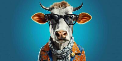 ai généré portrait de cool et marrant vache portant des lunettes dans studio Contexte. génératif ai photo