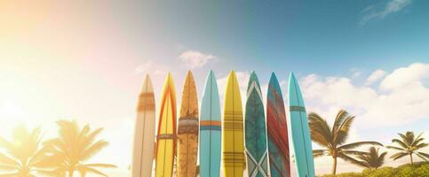 ai généré planche de surf sur le plage avec bleu ciel voir. génératif ai photo