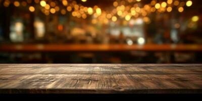 ai généré vide en bois table avec bokeh café Contexte et d'or lumières. génératif ai photo