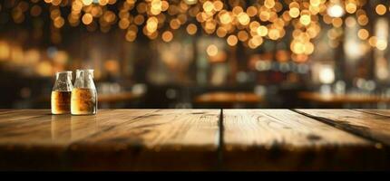 ai généré vide en bois table avec bokeh café Contexte et d'or lumières. génératif ai photo