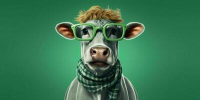 ai généré portrait de cool et marrant vache portant des lunettes dans studio Contexte. génératif ai photo