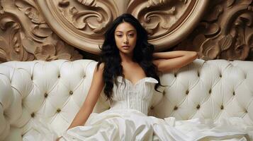 ai généré photo de asiatique femelle modèle, séance sur huppé canapé, portant blanc robe, brillant, attrayant