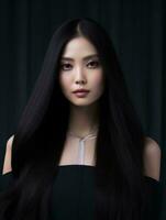 ai généré portrait de magnifique asiatique femme avec longue noir cheveux sur isolé arrière-plan, ai génératif photo