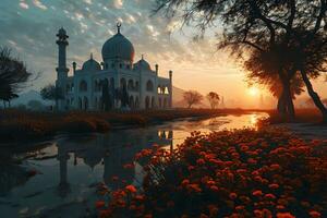 ai généré une magnifique mosquée avec une magnifique ciel vue à le coucher du soleil. génératif ai photo