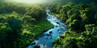 ai généré aérien vue de vert forêt et rivière. génératif ai photo