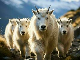 ai généré troupeau de Montagne chèvres sur une rocheux colline. génératif ai photo