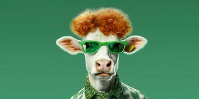 ai généré portrait de cool et marrant vache portant des lunettes dans studio Contexte. génératif ai photo