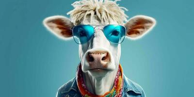 ai généré portrait de cool et marrant vache portant des lunettes dans studio Contexte. génératif ai photo