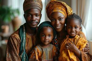 ai généré portrait de une content africain musulman famille dans traditionnel vêtements. génératif ai photo