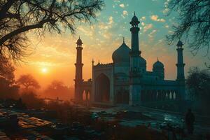 ai généré une magnifique mosquée avec une magnifique ciel vue à le coucher du soleil. génératif ai photo
