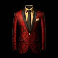 ai généré luxe et élégant rouge Pour des hommes costume avec abstrait motif isolé sur noir Contexte. génératif ai photo