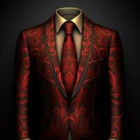 ai généré luxe et élégant rouge Pour des hommes costume avec abstrait motif isolé sur noir Contexte. génératif ai photo