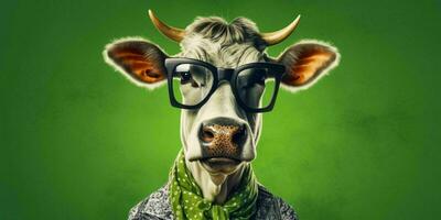 ai généré portrait de cool et marrant vache portant des lunettes dans studio Contexte. génératif ai photo