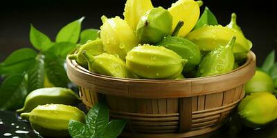 ai généré Frais carambole fruit avec l'eau gouttes. étoile fruit. génératif ai photo