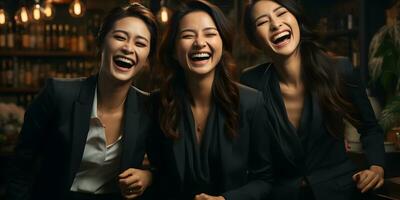 ai généré une groupe de Jeune asiatique affaires femmes dans élégant affaires combinaisons. génératif ai photo