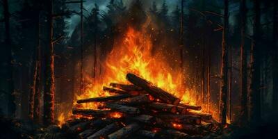 ai généré gros feu avec flamme dans le forêt à nuit. brûlant bois pile. génératif ai photo