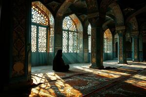 ai généré musulman homme prier à une mosquée avec lumière du soleil effet. adorer Dieu. génératif ai photo