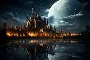 ai généré élégant mosquée illustration à nuit avec gros lune et fantaisie ciel. génératif ai photo