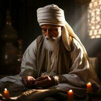 ai généré un personnes âgées musulman homme lit le Al coran par chandelle. génératif ai photo