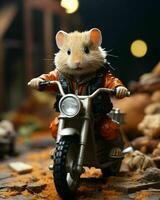 ai généré mignonne peu hamster équitation une moto. génératif ai photo