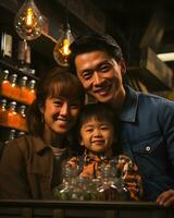 ai généré portrait de une petit content asiatique famille dans rétro mode style. génératif ai photo
