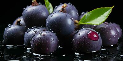 ai généré Frais acai baie avec l'eau gouttelettes isolé sur une noir Contexte. euterpe oleracea. génératif ai photo