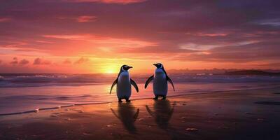 ai généré une paire de pingouins prendre plaisir le beauté de le plage à crépuscule. manchot couple. génératif ai photo