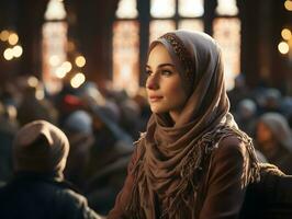 ai généré magnifique musulman femme dans hijab est assis dans mosquée, écoute à sermon, génératif ai photo