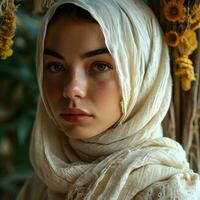 ai généré portrait de une magnifique et exotique Jeune musulman femme avec blanc hijab. génératif ai photo