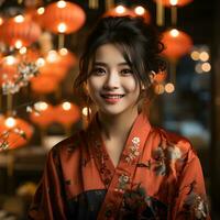 ai généré magnifique court aux cheveux asiatique femme dans traditionnel robe avec flou lanterne Contexte. asiatique femmes célébrer le lunaire Nouveau année festival. génératif ai photo