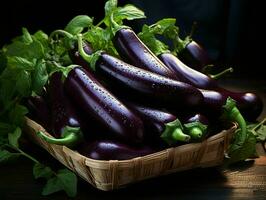 ai généré Frais aubergine avec l'eau gouttelettes. groupe de aubergine. génératif ai photo