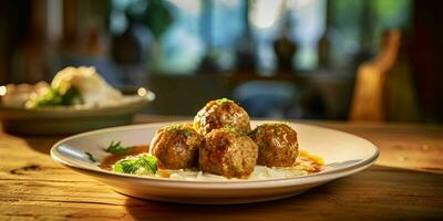 ai généré délicieux Boulettes de viande avec sauce servi sur une plaque. génératif ai photo