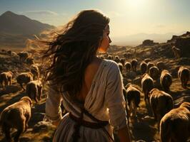 ai généré magnifique milieu est femme élevage chèvres et mouton dans le champ. une berger femme dans le pâturage. génératif ai photo