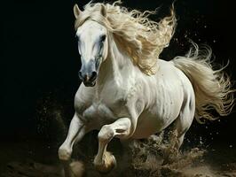 ai généré fort blanc cheval galopant avec l'eau éclaboussures sur noir Contexte. génératif ai photo