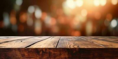 ai généré vide en bois table avec bokeh café Contexte et d'or lumières. génératif ai photo