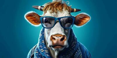 ai généré portrait de cool et marrant vache portant des lunettes dans studio Contexte. génératif ai photo