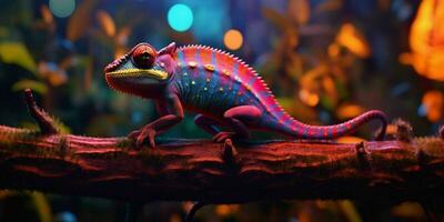 ai généré coloré caméléon perché sur une arbre branche avec vibrant néon lumière effet. numérique art. génératif ai photo