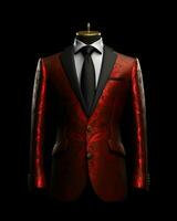 ai généré luxe et élégant rouge Pour des hommes costume avec abstrait motif isolé sur noir Contexte. génératif ai photo