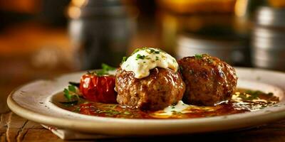 ai généré délicieux Boulettes de viande avec sauce servi sur une plaque. génératif ai photo