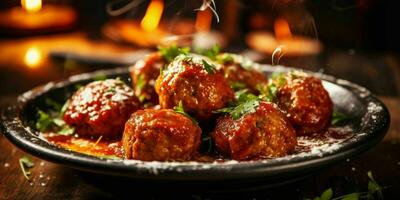 ai généré délicieux Boulettes de viande avec sauce servi sur une plaque. génératif ai photo