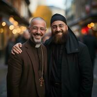 ai généré portrait de musulman imam et Christian prêtre embrassement chaque autre. génératif ai photo