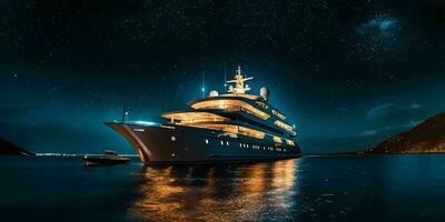 ai généré luxe moteur yacht voile dans le mer à nuit avec étoilé ciel. génératif ai photo