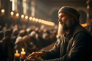 ai généré islamique imam conduit une sermon à le mosquée. musulman imam prédication à le gens dans le mosquée. génératif ai photo