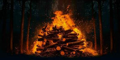 ai généré gros feu avec flamme dans le forêt à nuit. brûlant bois pile. génératif ai photo