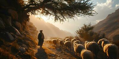 ai généré une milieu est homme troupeaux une troupeau de mouton dans une désert vallée à le coucher du soleil. génératif ai photo