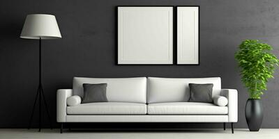 ai généré moderne et minimaliste vivant pièce intérieur conception avec Vide blanc image Cadre maquette. génératif ai photo