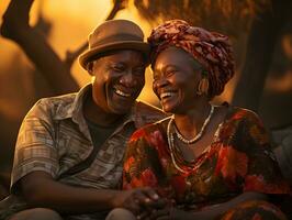 ai généré romantique personnes âgées africain couple embrassement chaque autre avec le coucher du soleil voir. génératif ai photo