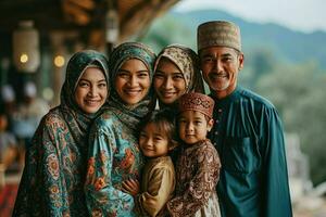 ai généré portrait de une content asiatique musulman famille dans traditionnel vêtements. génératif ai photo